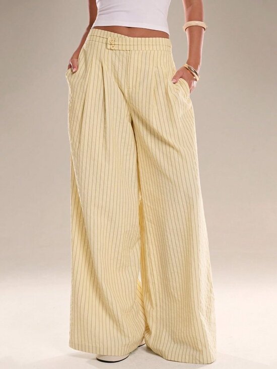 Pants - Yellow Casual Chic Women's Striped Waist Trousers